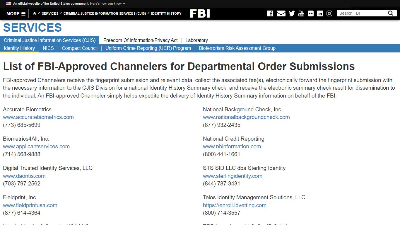 List of FBI-Approved Channelers for Departmental Order Submissions